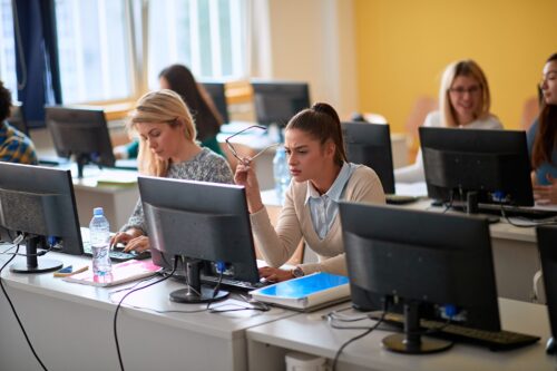 Girl in class at IT workshop at university.