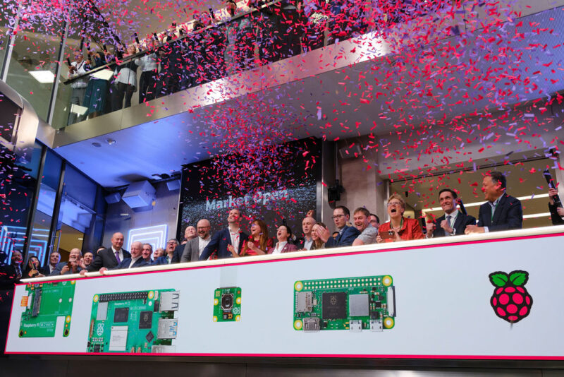 Confetti rains at the introduction of Raspberry Pi Holdings PLC to the London Stock Exchange.