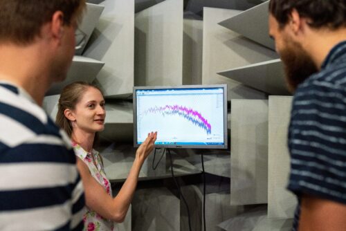 A woman explains a graph on a computer screen to two men.