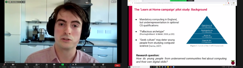 Thom Kunkeler presents an online slide describing the background and research question of the 'Learn at Home campaign' pilot study: underrepresentation, belonging, identity, archetypes, and the question "How do young people from underserved communities feel about computing and their own digital skills?".