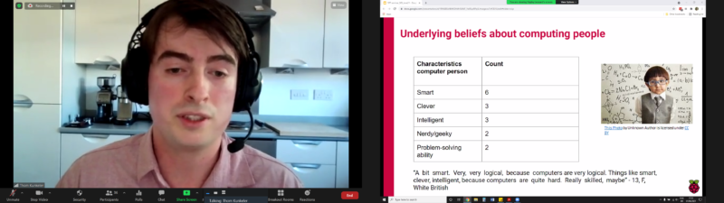 Thom Kunkeler presents an online slide of findings of the 'Learn at Home campaign' pilot study. The young people interviewed associated the term 'computing person' with the attributes smart, clever, intelligent, nerdy/geeky, problem-solving ability.