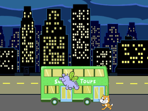 A bus drives along a cityscape at night. Scratch cat is faced towards the bus. A hippo with wings flies alongside the bus and towards Scratch cat.   