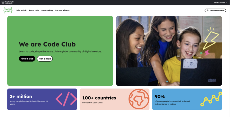 The Code Club website's homepage.