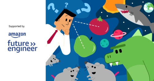 A man on a blue background, with question marks over his head, surrounded by various objects and animals, such as apples, planets, mice, a dinosaur and a shark.