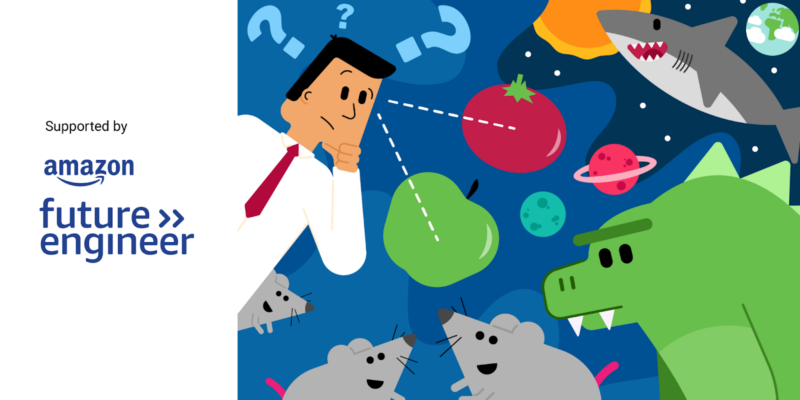 A man on a blue background, with question marks over his head, surrounded by various objects and animals, such as apples, planets, mice, a dinosaur and a shark.