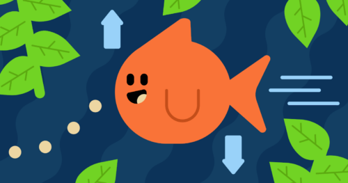 A big orange fish on a dark blue background, with green leaves surrounding the fish. 