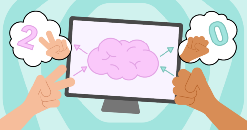 An illustration of a pink brain is displayed on a screen. There are two hands next to the screen playing the 'Rock paper scissors' game. 