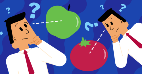 Two men on a blue background, surrounded by question marks, a big green apple and a red tomato. 