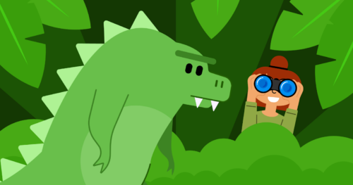 A green dinosaur in a forest is being observed by a person hiding in the bush holding the binoculars. 