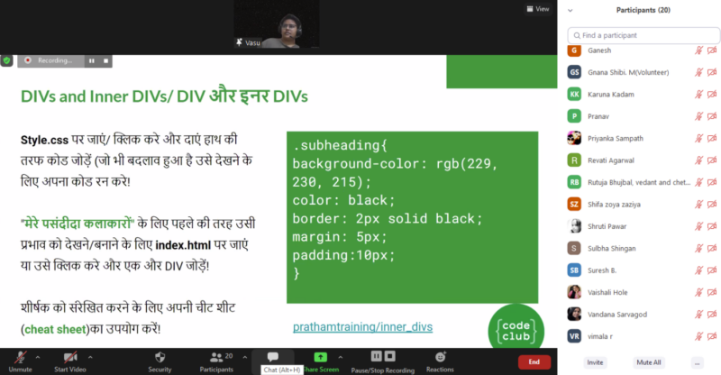 A screenshot from a training webinar about HTML coding.