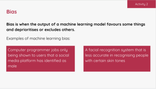 An example activity slide in the Experience AI lessons where students learn about bias. 