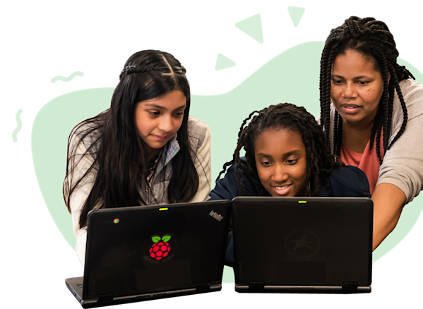  A teacher and two students looking at a laptop.