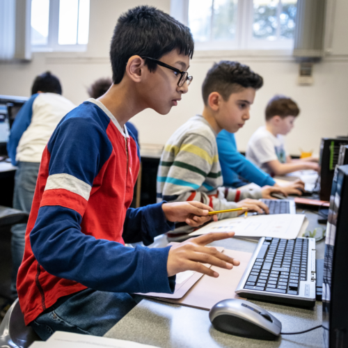 Photo focused on a young person working on a computer in a classroom.